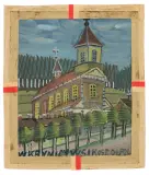 Nikifor Krynicki, Kościół w Krynicy, po 1960, gwasz, papier (obwoluta papieru fotograficznego)