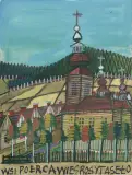 Nikifor Krynicki, Pejzaż w Krynicy, po 1960, gwasz, papier (fragment plakatu pierwszomajowego)