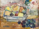 Jan Cybis, Śliwki i jabłka w salaterce, 1949, olej, płótno