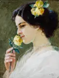 Tadeusz Popiel, DZIEWCZYNA Z ŻÓŁTĄ RÓŻĄ, olej, tektura