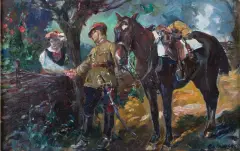 UŁAN PRZY PŁOCIE by Stanisław Kaczor-Batowski, 1923, olej, tektura, sold May 2016