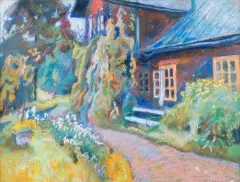Stanisław Kamocki, PEJZAŻ Z CHATĄ, pastel olejny, papier