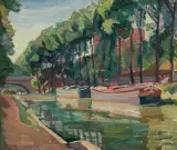 Maurycy (Maurice) Mędrzycki, BARKI NA RZECE, olej, płótno