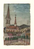 KOŚCIÓŁEK by Nikifor Krynicki, akwarela, gwasz, tektura, sold May 2017