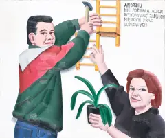 Marcin Maciejowski, ANDRZEJ NIE POZWALA ALICJI WYKONYWAĆ ŻADNYCH MĘSKICH PRAC DOMOWYCH - 2001, olej, płótno
