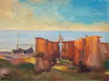 SIECI RYBACKIE NAD BRZEGIEM MORZA by Wojciech Weiss, olej, płótno, sold Oct 2017