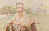 Jacek Malczewski, PORTRET MĘŻCZYZNY NA TLE PEJZAŻU, 1920, olej, płótno