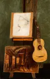MARTWA NATURA Z OBRAZAMI I GITARĄ, LATA 20. XX W. by Zygmunt Menkes, olej, płótno, sold Dec 2017