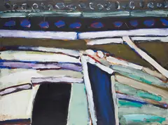 KOMPOZYCJA by Tadeusz Dominiku, 1964, olej, papier czerpany, sold Dec 2017