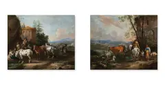 Simon Johannes van Douv, PASTERZE Z KOŃMI PRZED RUINĄ, RODZINA PASTERZY Z BYDŁEM PRZED RUINĄ, XVII W., olej, płótno