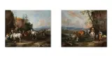 Simon Johannes van Douv, PASTERZE Z KOŃMI PRZED RUINĄ, RODZINA PASTERZY Z BYDŁEM PRZED RUINĄ, XVII W., olej, płótno