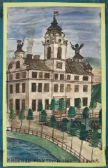 Dwie postaci na dachu budynku z flagą by Nikifor Krynicki, sold Nov 2018