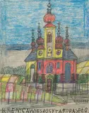 Nikifor Krynicki, Cerkiew Świętych Piotra i Pawła w Krynicy, ołówek, kredka, papier, 30 x 24 cm