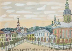 Nikifor Krynicki, Pejzaż miejski z Przemyśla, ołówek, akwarela, gwasz, papier, 25 x 35 cm