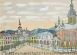 Pejzaż miejski z Przemyśla by Nikifor Krynicki, ołówek, akwarela, gwasz, papier, 25 x 35 cm, sold Nov 2018