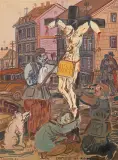Chrystus na podwórku z cyklu Krzyż by Edward Dwurnik, 1979, olej, płótno, sold Dec 2018
