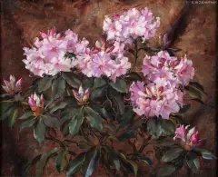 Stanisław Ejsmond, Różowy rododendron, ok. 1925, olej, płótno, sklejka