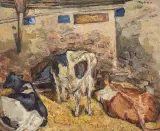 W oborze / Dziewczynka z misą jabłek by Mela Muter, (obraz dwustronny) olej, płótno, sold Mar 2019
