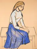 Roman Opałka, Portret kobiety w niebieskiej spódnicy, lata 50. XX w., tempera, papier beżowy