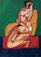 Eugeniusz Gerlach, Siedząca na dywaniku - akt, 1989, olej, płótno