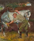 W stajni by Wojciech Kossak, 1936, olej, płyta, sold May 2019