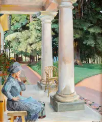 Jacek Malczewski, Ogrodniczka (Już łan zżęty), olej, sklejka