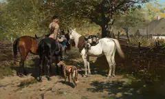 Józef Brandt, Stajenny z wierzchowcami, 1883, olej, płótno