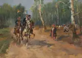 Spotkanie na drodze by Jerzy Kossak, 1929, olej, tektura, sold Oct 2019