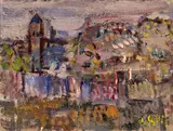 Jan Cybis, Ogrodzenie klasztoru - dzwonnica, 1952, olej, płótno