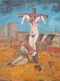 Chrystus za murem (z cyklu Krzyż) by Edward Dwurnik, 1979, olej, płótno, sold Oct 2019