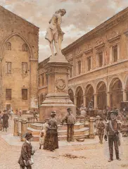 Aleksander Gierymski, Dawny gmach uniwersytetu i pomnik Galvaniego w Bolonii, 1886, ołówek, tusz, sepia, sangwina, papier