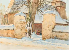Pejzaż zimowy przed kościołem by Aleksander Augustynowicz, akwarela, tektura, sold Dec 2019