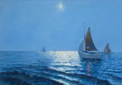 Żaglówki nocą by Soter Jaxa-Małachowski, gwasz, tektura, sold Dec 2019