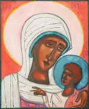 Matka Boża z Dzieciątkiem Jezus by Jerzy Nowosielski, olej, płótno, sold Dec 2019