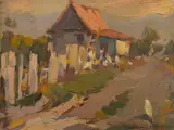 Aleksander (Oleksa) Nowakowski, Wiejskie podwórko, olej, tektura