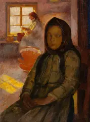 Witold Rzegociński, Scena w izbie, olej, tektura