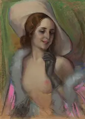 Józef Kidoń, Portret damy w kapeluszu, przed 1939, pastel, tektura