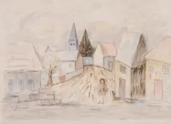 Tadeusz Makowski, Pejzaż z małego miasteczka z dziewczynką, 1926-27, akwarela, ołówek, pastel, papier