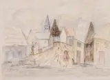 Tadeusz Makowski, Pejzaż z małego miasteczka z dziewczynką, 1926-27, akwarela, ołówek, pastel, papier