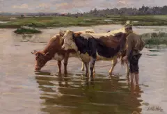 Johann Daniel Holz, Pojenie krów, ok 1920, olej, płótno