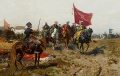 Józef Brandt, Powrót z wyprawy, 1913 (Pochód; Zdobycie chorągwi), olej, płótno