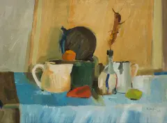 Aleksander Kobzdej, Martwa natura z niebieskim obrusem, 1948, olej, płótno