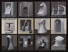 Kompozycja 12 prac by Wojciech Kopczynski, 2017, technika własna, płótno, sold Jun 2021