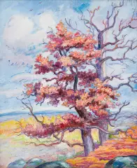 Pejzaż z drzewami by Jan Peszke, olej, płótno, sold Dec 2021