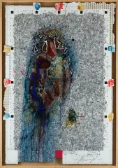 Andrzej Bednarczyk, Sen minotaura III, 2021, druk cyfrowy, akwarela, pastel, ołówek, papier, drewno