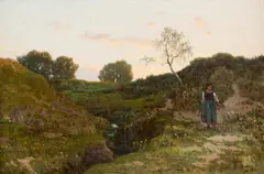 Walery Brochocki, Pejzaż wieczorny z wiejską dziewczyną, 1891 (Na łąkach), olej, płótno