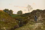 Walery Brochocki, Pejzaż wieczorny z wiejską dziewczyną, 1891 (Na łąkach), olej, płótno