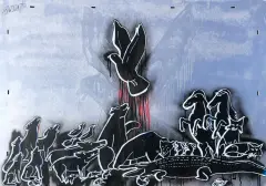 Juvone Money, We Will Fly High, 2022, farby graffiti, akryl, drewno, szkło
