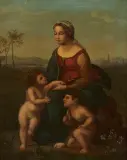 Autor Nieokreślony, Piękna ogrodniczka, XIX w. (Madonna z Dzieciątkiem i św. Janem Chrzcicielem, Dziewica w ogrodzie), olej, płyta miedziana