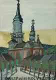 Pejzaż z kościołem by Nikifor Krynicki, akwarela, gwasz, papier, sold Dec 2022